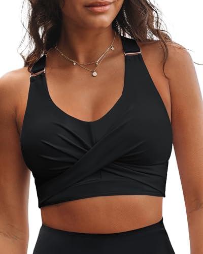 GRAPENT Bikini Tops for Women Twist Front Ruched Bathing Suit Adjustable Crisscross Back Cropped Tankini Swim Top Only M Black