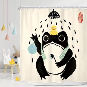 LGhtyro Funny Frog Shower Curtain Bathroom Set 71Wx78H Inches Asian Style Traditional Japanese Art Rubber Duck Cute Animal Retro Bath Accessories Retro Black Beige Art Home Decor Fabric 12 Pack Hooks
