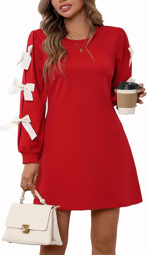 Cocktail Dresses for Wedding Guest Women's Christmas Spring Long Sleeves Round Neck Elegant Bow Party A Line Mini Red Dress 523 Red, M
