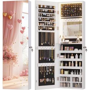 Vlsrka 47.2" LED Jewelry Mirror Cabinet, Wall/Door Mounted Jewelry Armoire Organizer with Full Length Mirror, Large Storage Hanging Cabinet, 4 Drawers, 5 Shelves (White)