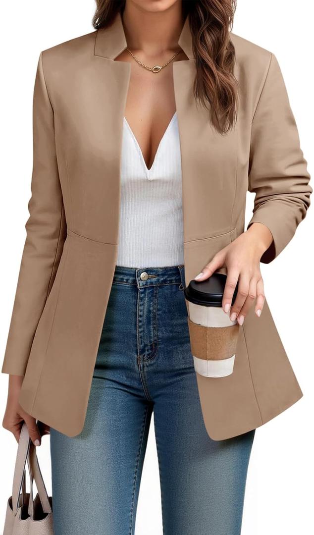 Cicy Bell Womens Business Casual Blazer Long Sleeve Open Front Notch Stand Collar Blazer Work Office Jacket Suit (Beige, S)