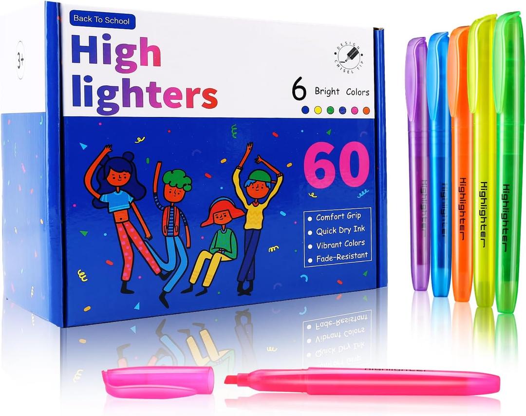 Highlighters Assorted Colors, 60 Pack Highlighters Bulk : No Bleed & Dry-Quickly, Highlighter Set : Chisel Tip & 6 Bright Colors, Highlighter Markers for school | college | office supplies (Multicolor)