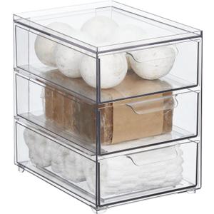 mDesign Plastic Stackable Organizer with 3 Drawers - Pull-Out Drawer Storage Bin for Bathroom Sink/ Cabinet Organization - Perfect for Makeup, Small Towels, and More - Lumiere Collection, Clear,  8 x 6 x 8 (Pack of 1)