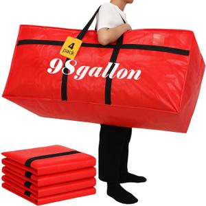 Windyun 4 Pack 98 Gallon Extra Large Moving Bags XXL Heavy Duty Storage Bag with Strong Zipper Handle Jumbo Big Tote Box Foldable for College Dorm Travel Clothes Duffle Blanket Pillow(Red)