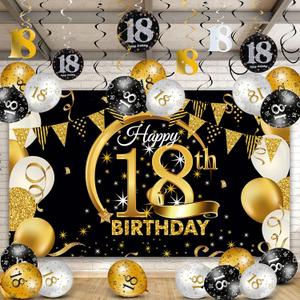 58 Pcs Happy 18th Birthday Party Decorations Kit Black Gold Glitter Happy 18th Birthday Backdrop Banner Three Color Balloon Hanging Swirls for Men Women Party Decorations Supplies