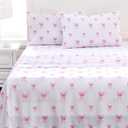 MICORAL Kids Full Sheet Set Pink Bow, 4 Pieces Sheets for Boys & Girls, Soft Printed Microfiber Bed Sheets, Deep Pocket Cozy Toddler Bedding Set, Pink Bow