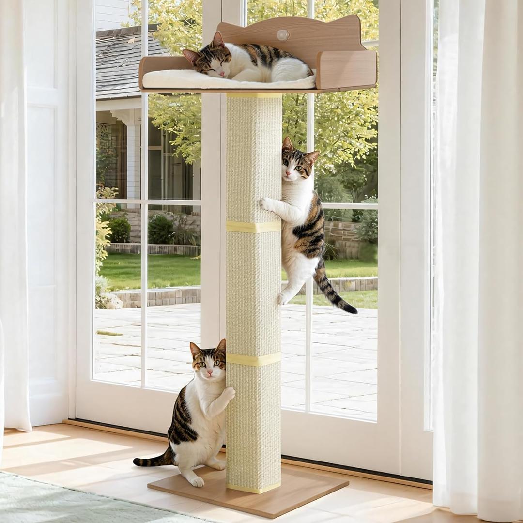 Cat Window Perch with Thick Sisal Scratching Post, Cats Hammock for Window with 3 Upgrade Suction Cups, Adjustable Tall Cat Scratching Post with Large Perch, Cats Window Bed with Fluffy Cushion