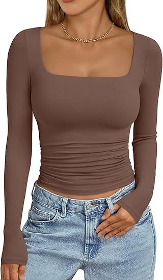 Trendy Queen Womens Long Sleeve Shirts Crop Tops Basic Square Neck Going Out Fall Fashion 2025 Fitted Clothes Workout Outfits (Medium, Coffee)