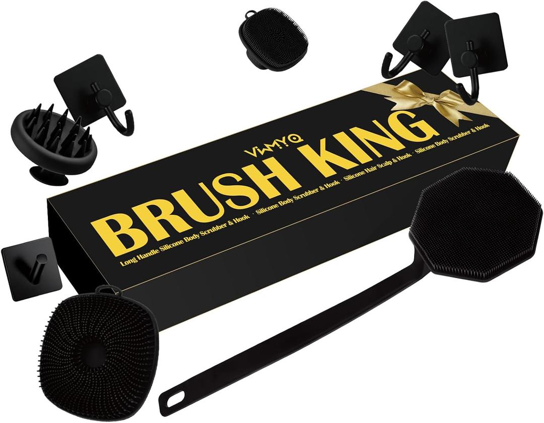 Silicone Body Scrubber Set ，Includes Back & Body Scrubbers, Face Brush, Scalp Massager, 4 Storage Hooks, Shower & Bathroom Hygiene Accessories for Gift(Black) (D)