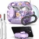 TATOFY for AirPod Pro 1st & 2nd Gen Case with Phone Stand Lock Carabiner Cleaning Kit, Floral AirPods Pro Hard Shell Dustproof Cover for Women, MagSafe Compatible (Purple 1, AirPods Pro & Pro 2)
