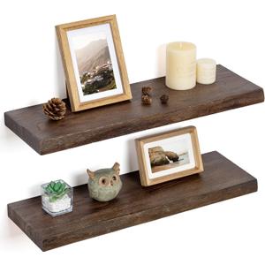 Floating Shelves for Wall Decor, Rustic Solid Elm Wood Live Edge Floating Shelves Wall Mounted, Wall Shelves with Invisible Bracket for Living Room Bathroom Bedroom Kitchen, 24 Inch Set of 2, Walnut, Live Edge, 24inch, 2Packs