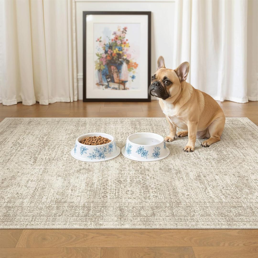 Soalmost 3x4 Rug, Small Area Rug for Kitchen, Entryway, Machine Washable Non-Slip Throw Rug, Vintage Carpet for Nursery Coffee Table  Beige, 3' x 4' (Rectangular)