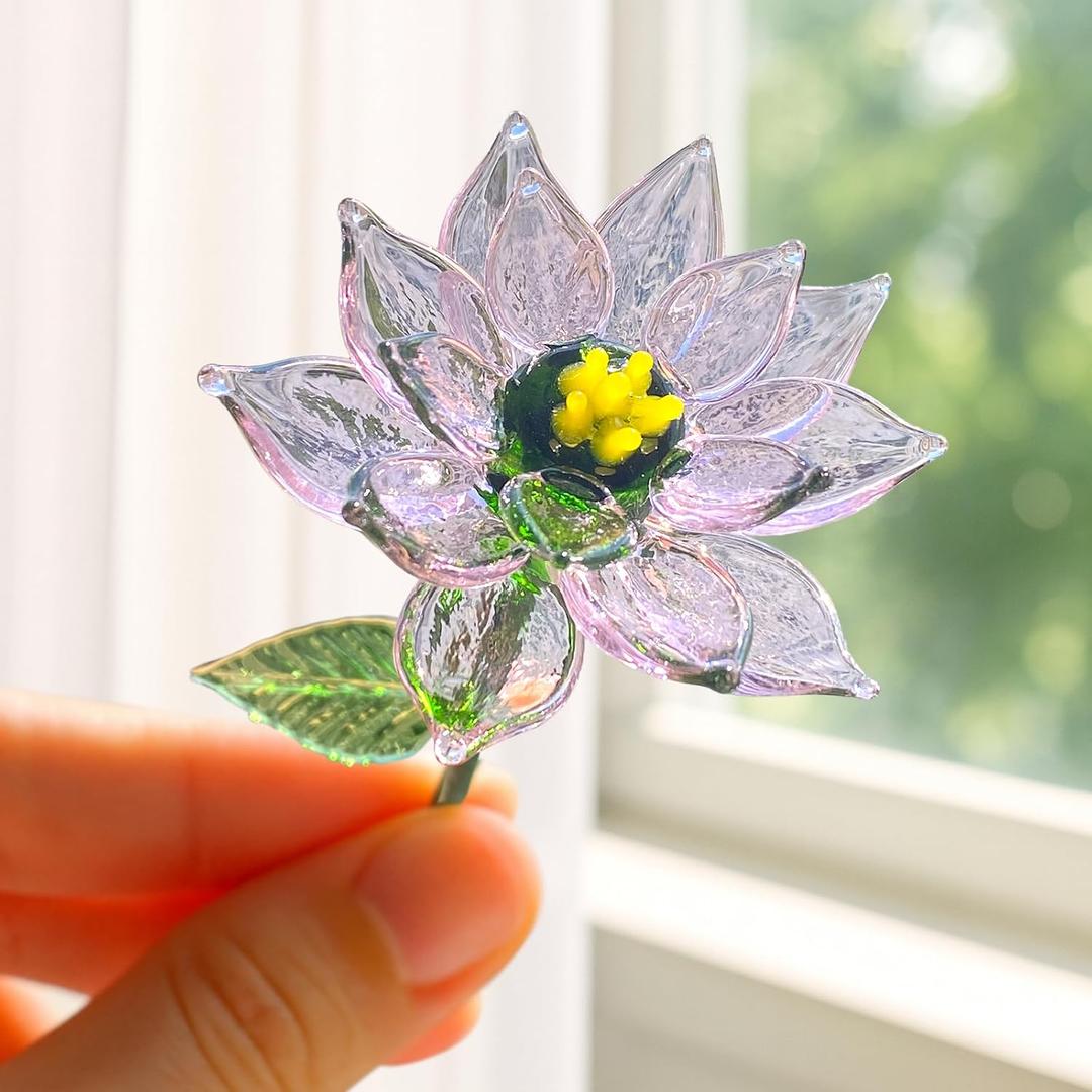 Glass Birth Month Flower, Handmade Blown Glass Flower Birthday Gift for Mother Father Friends (July - Water Lily)