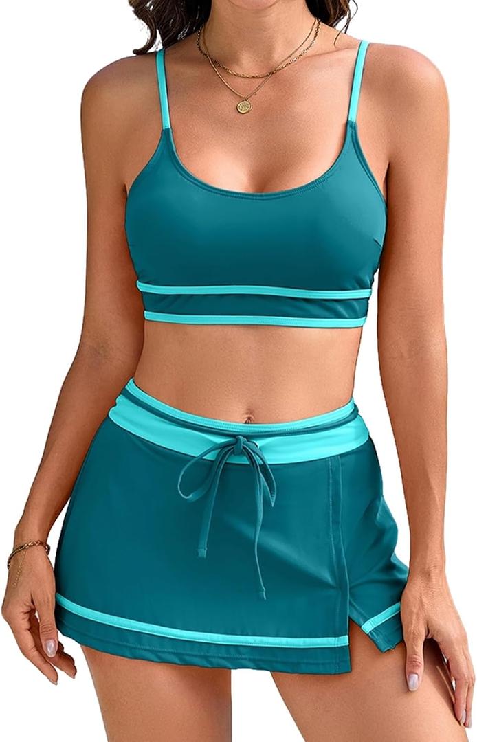 RIHOAS Women's Bikini with Swim Skirt -2026 Tummy Control Two Piece Bathing Suit High Waisted Push Up Swimwear for Beach Pool, L