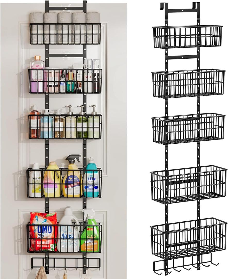 Adjustable Over The Door Organizer, Metal Hanging Door Organizer with 5 Wire Basket 7 Hooks, Wall Mounted Shelf for Pantry Laundry Organization and Storage, Black (6-Tier)