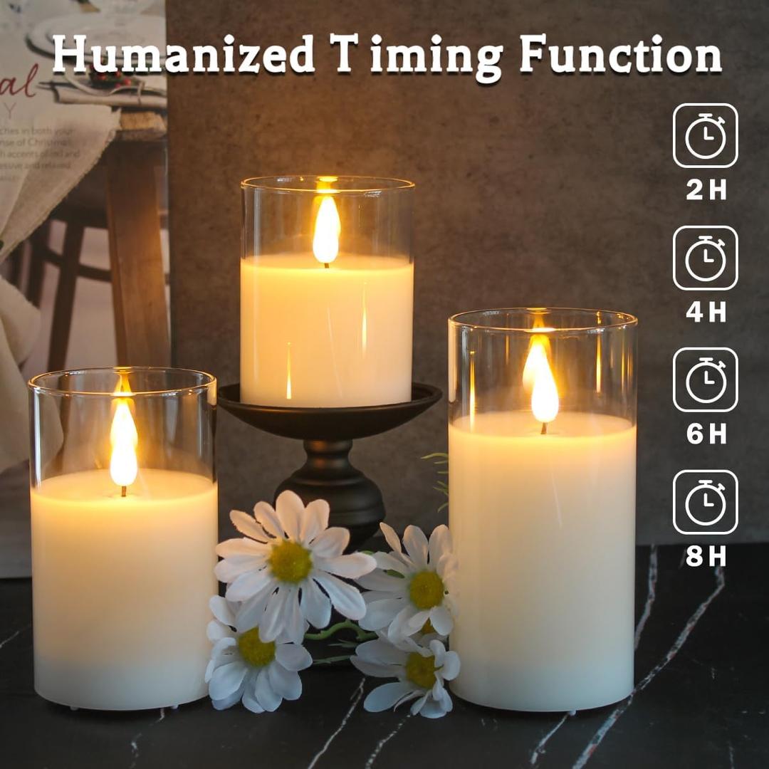 Rechargeable Flameless Glass Pillar CandlesGifts for Women,Set of Only 4 Realistic Flickering LED Light,Remote & Timer, Ideal for Living Room, Bedroom & Festival Wedding Party Dcor