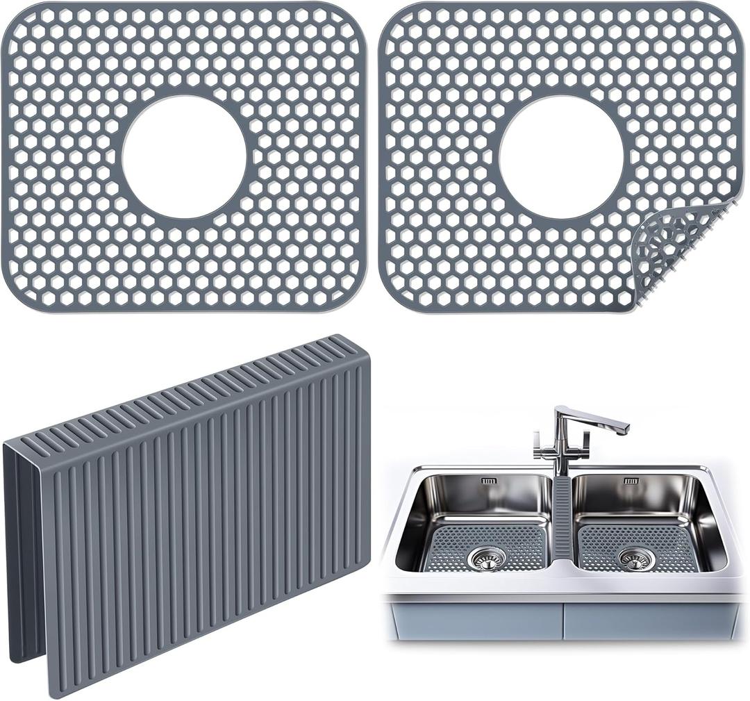 Dunkive 3 Pack Sink Mat and Sink Saddle Set, Sink Protectors for Kitchen Sink, Silicone Sink Saddle Mat Dishwasher Safe, Non Slip Folding Sink Grid to Protect Sink from Stains, Damage, Scratches
