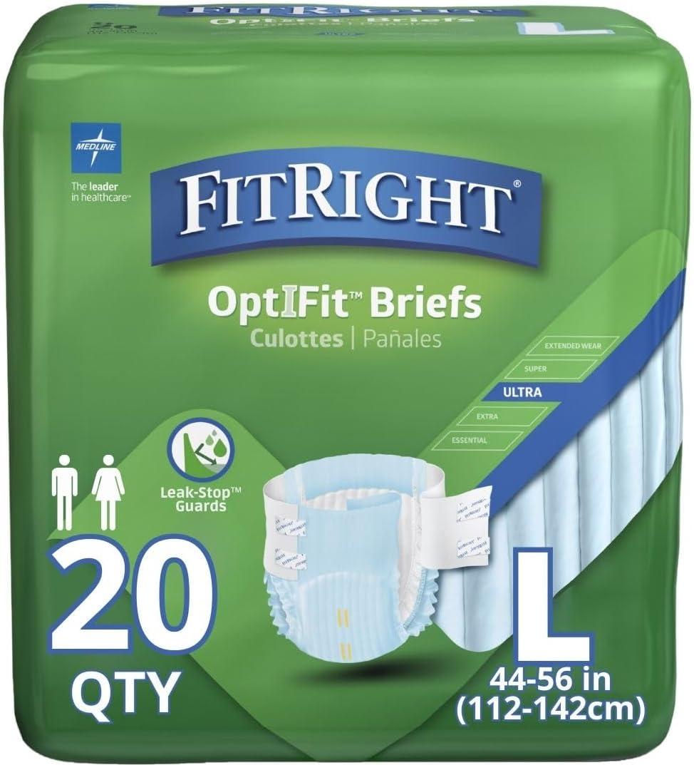FitRight OptiFit Ultra Adult Briefs, Incontinence Diapers with Tabs, Heavy Absorbency, Large, 44 to 56", 20 Count (Large (20 Count))