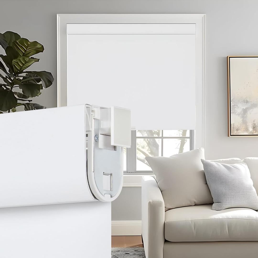Persilux No Drill No Tools 100% Blackout Roller Shades for Indoor windows, Free-Stop Cordless Roller Blinds, UV Protection Thermal Insulated Fabric Roller Window Shades for Home (White, 20"W x 72"H)
