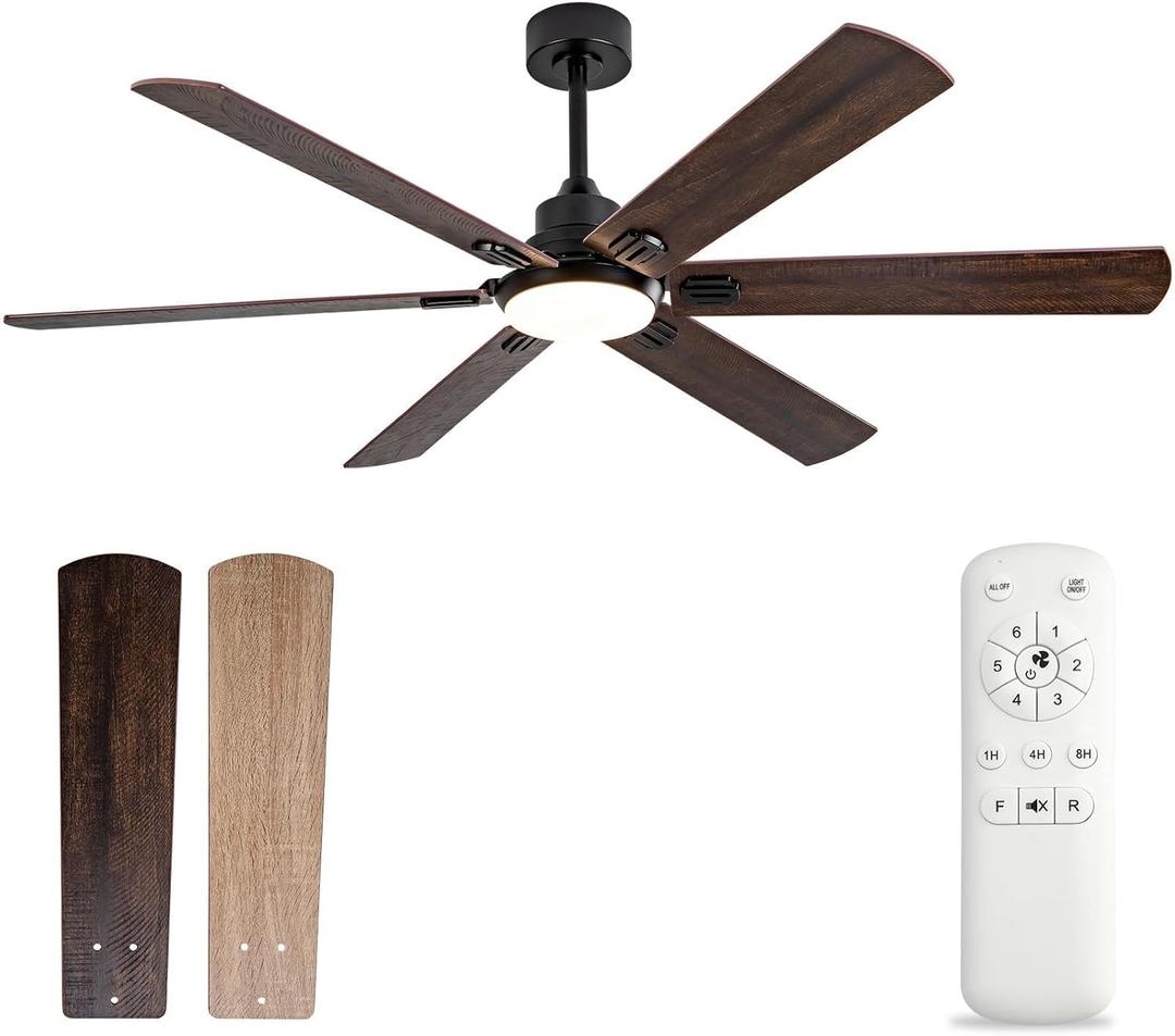BOOMJOY 60 Inch Black Outdoor Ceiling Fans with Lights and Remote, Dimmable 6 Blade Large Outdoor Ceiling Fans for Patios, Black Ceiling Fan with Light for Bedroom Indoor Living Room (Dark Walnut)