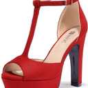 IDIFU Women's IN5 Polly Platform Chunky High Heels T-Strap Sexy Sandals Peep Toe Wedding Party Prom Dress Shoes for Women Bride (7) Red Suede 