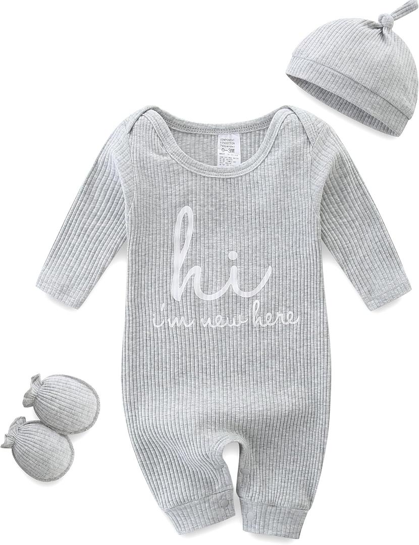 Baby Romper with Baby Mittens & Newborn Hats Footless Long Sleeve Solid Onesie Hi Im New Here (0-3 Months, Grey)