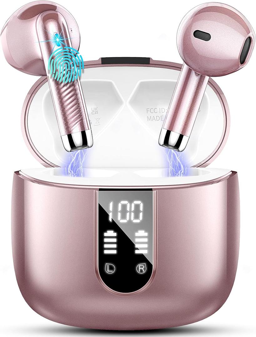 Wireless Earbuds, Bluetooth Headphones 5.4 with ENC Noise Cancelling Mic, 40H Bluetooth Ear buds Stereo Bass with LED Display Charging Case, IP7 Waterproof Wireless Earphones for Android/iOS, Rosegold