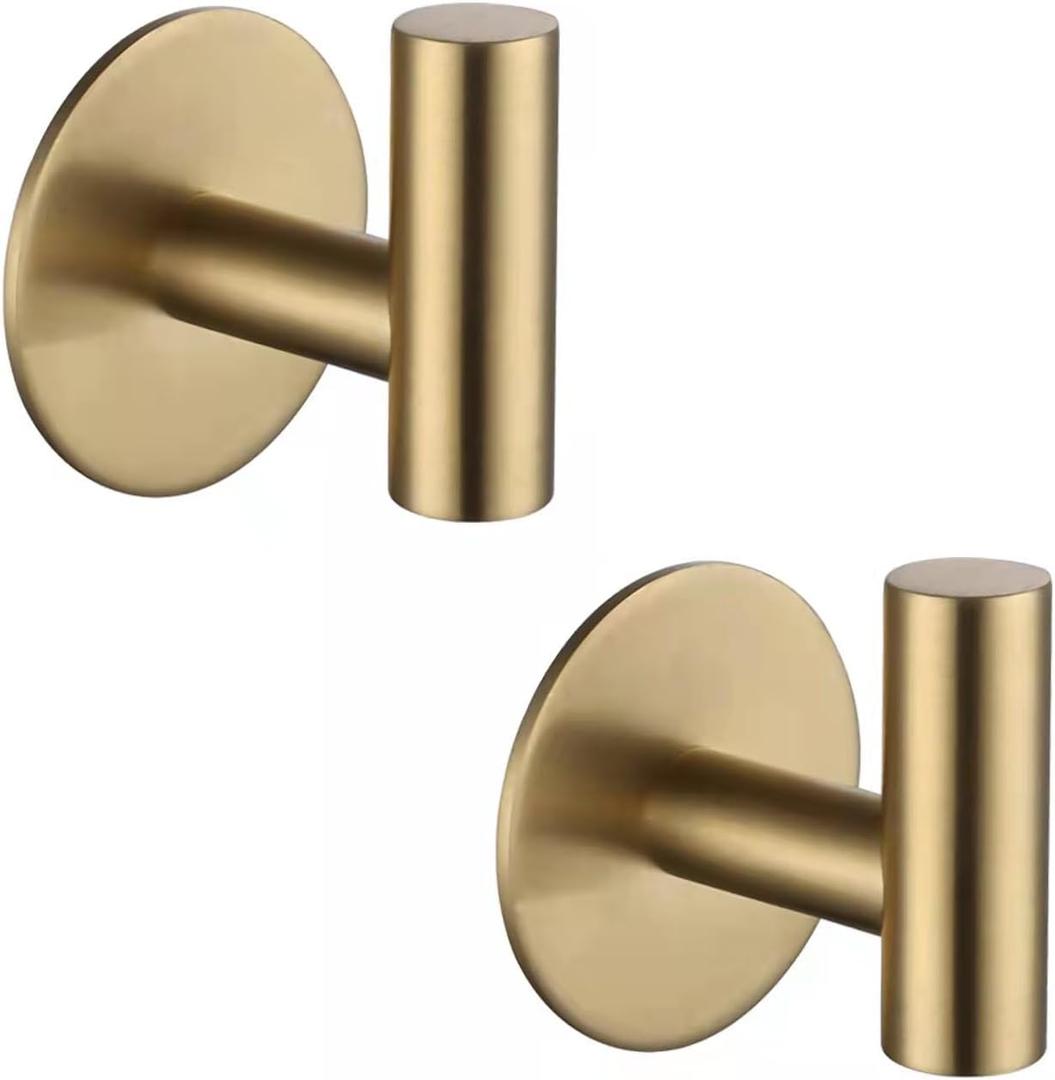 Self Adhesive Hooks 304 Stainless Steel Heavy Duty Hangers Without Nails for Bathrooms Kitchen Livingroom Garage Hotel Waterproof Towel Hook-2 Pack (Gold)