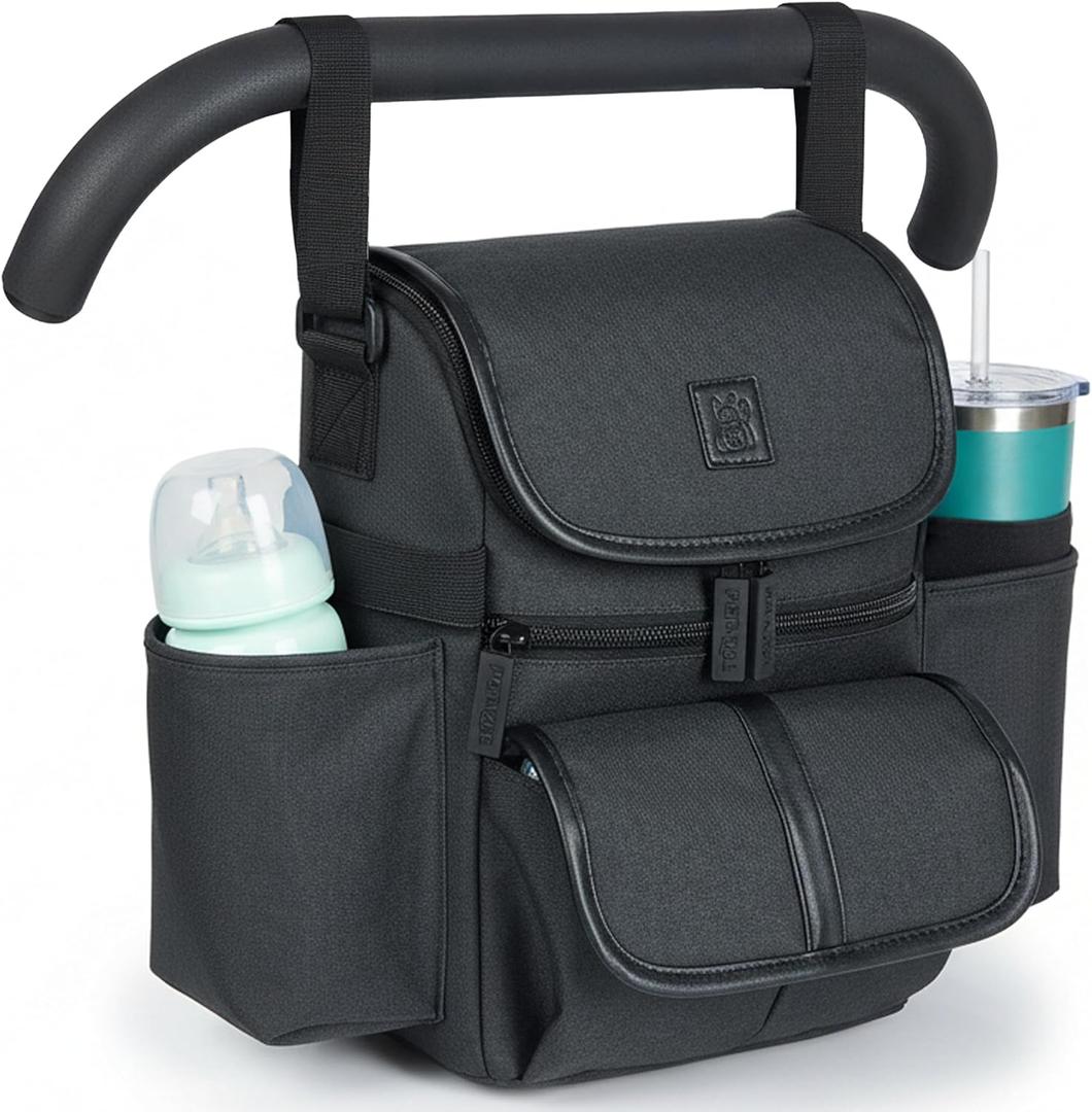 NThut Baby Stroller Organizer, Stroller Caddy Bag with 2 Wide Cup Holders & Bottle Straps, Universal Strap Fit, Fits 11" Tablet, Magnetic Pocket, Zipper & Mesh Pockets, Water Resistant 600D (Black)