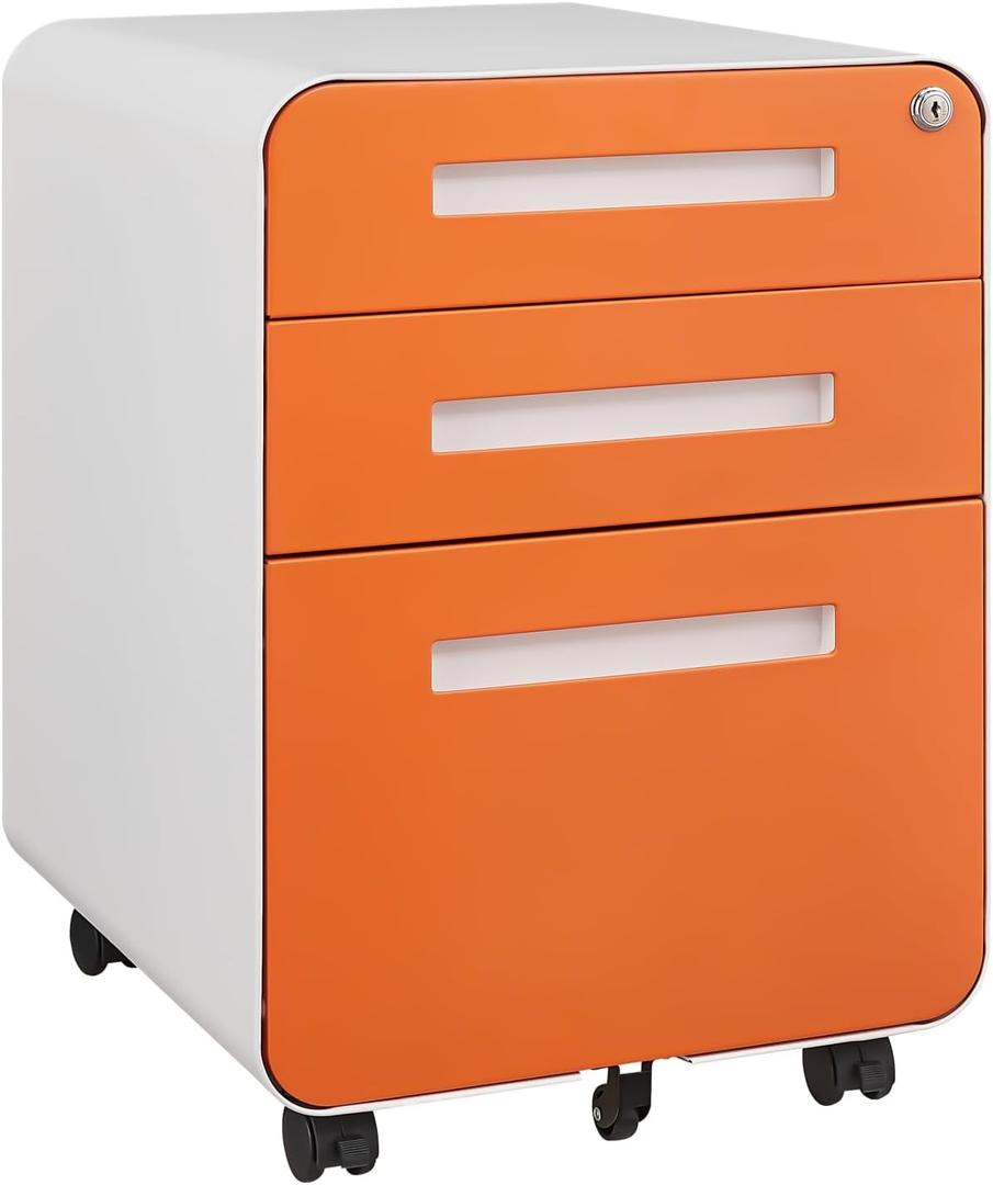 GarveeHome 3 Drawer Mobile File Cabinet with Lock, Under Desk Metal Filing Cabinet for Home Office, Under Desk Storage with 5 Wheels for A4/Letter/Legal Size, Fully Assembled (Orange Color)