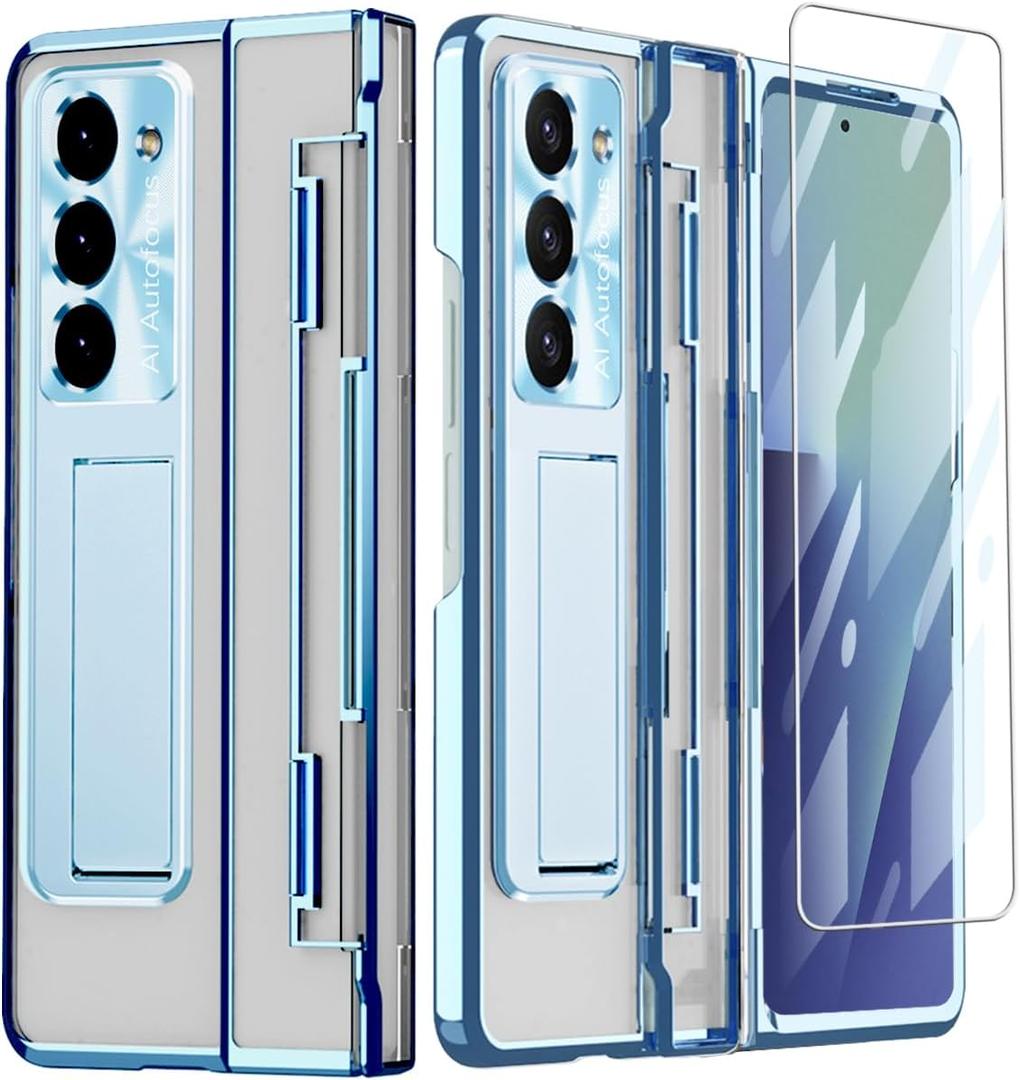 for Samsung Galaxy Z Fold 7 Case with Hinge Protection, All-Inclusive Integrated Hinge Cover Built in Screen Protector Kickstand Crystal Clear PC Slim Protective Case for Z Fold 7 Blue