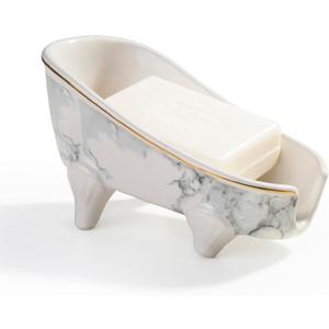 5.5" Self Draining Mini Bathtub Soap Dish, Ceramic Bar Soap Holder with Drain, Marble Pattern Decorative Soap Saver for Shower, Bathroom & Kitchen Sink, Keep Soap Dry, Easy to Clean