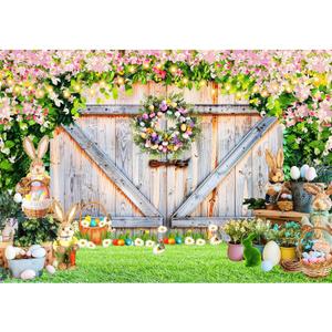 Easter Photo Backdrop for Photography, Spring Rustic Barn Door Theme Backdrops for Photoshoot, Bunny Eggs Green Easter Family Party Decorations 7x5ft