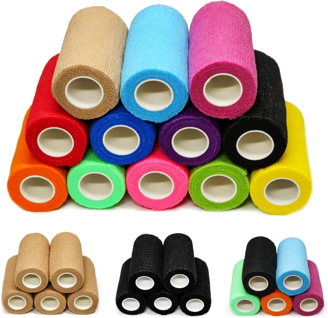 OZER 12 Pack 4 Inch x 5 Yards Self Adhesive Bandage Breathable Cohesive Bandage Wrap Rolls Elastic Self-Adherent Tape for Stretch Athletic, Sports, Wrist, Ankle (Colorful)
