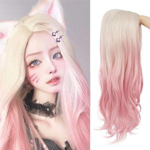 Blonde to Pink Long Wavy Ombre Wig for Women Curly Heat Resistant Synthetic Halloween Cosplay Hair Wigs