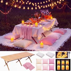 Tigeen 17 Pcs Boho Picnic Set up with Table, Blanket, Pink and White, 70.87" x 102.36"
