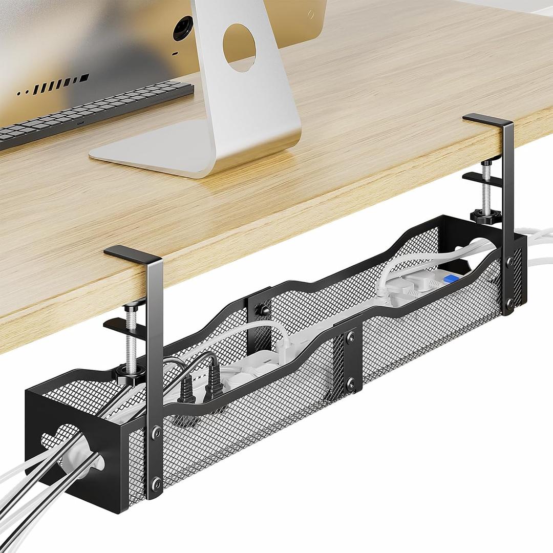 DELAMU 25'' Upgraded Under Desk Cable Management, No Dill Standing Desk Cord Management with Adjustable F-Clamp, Metal Desk Cable Organizer to Under Desk Organizer for Home Office, Black (Extended)