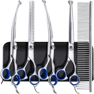 Gimars 7.0in Professional 4CR Stainless Steel Safety Round Tip 6 in 1 Dog Grooming Scissors Heavy Duty Titanium Coated Pet Grooming Scissor for Dogs, Cats and Other Animals