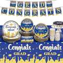 2025 Graduation Party Decorations, Blue Graduation Party Supplies Disposable Paper Plates Napkins Cups Tablecloth Banner Dinnerware Set for Congrats Grad Party Decorations, Serve 25