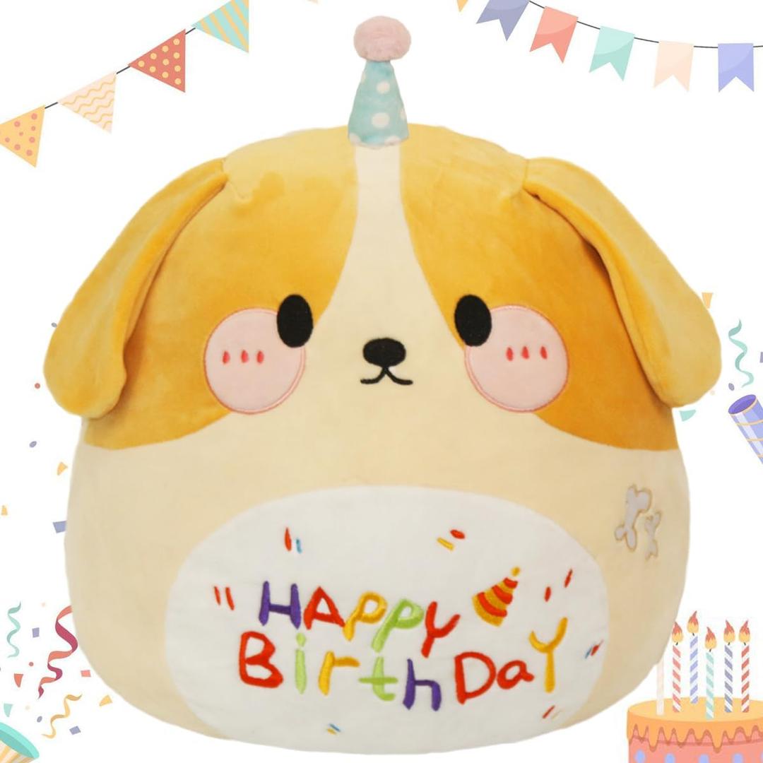 ARELUX Jumbo 18in Cute Dog Cuddle Plush Soft Stuffed Animal Large Birthday Pillow Kids Huggable Puppy Plushie Toy Big Size Happy Birthday Party Decoration Plushies Gift for Friends Boys Girls Yellow