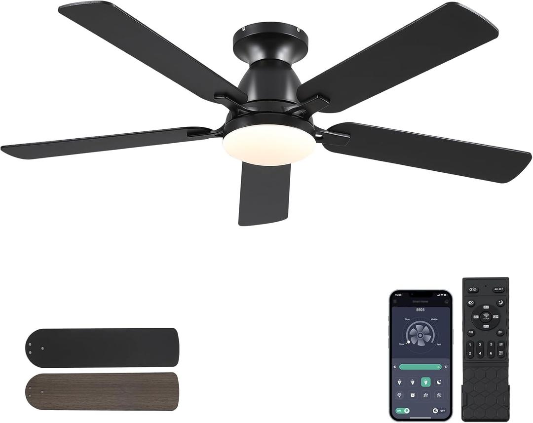 Ceiling Fans with Lights, 52'' Indoor Low Profile Ceiling Fan with Light and Remote, Modern Flush Mount Ceiling Fan for Bedroom, LED Dimmable DC Reversible Motor, Black