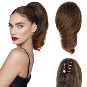 12 Inch Short Ponytail Extension - Clip in Ponytail Hair Extensions, Curly Wavy Pony Tails Hair Extensions, Synthetic Claw Clip Ponytail Extension for Women (Color: Copper Brown)