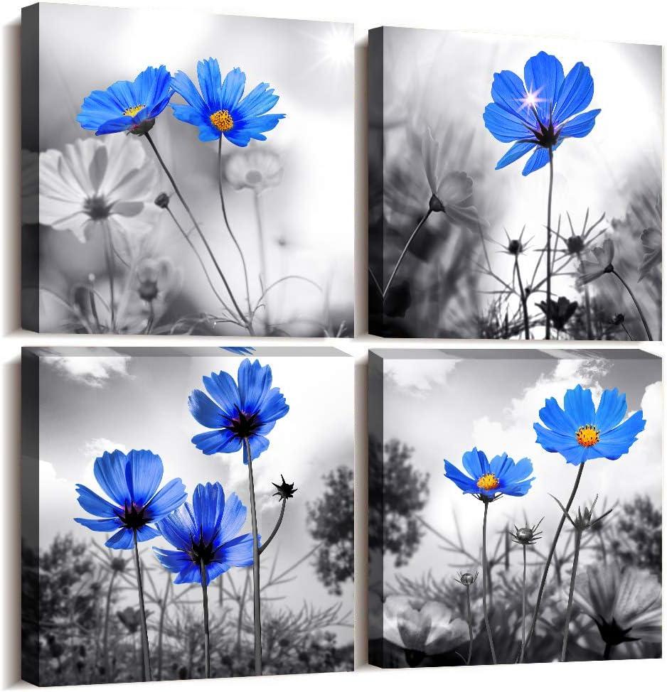 Wall Art For bedroom Black and White cyan blue flower Canvas Wall Decor for Home Decor artwork painting 12" x 12" 4 Pieces Canvas Print For Living Room Decor Modern Salon kitchen Still Life Painting