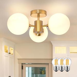 Mid Century Modern 19 Inch Brass Semi Flush Mount Ceiling Lights 3-Light Frosted Globe Glass Gold Chandelier Modern Light Fixtures Ceiling Lights Fixture for Bedroom Hallway Entryway