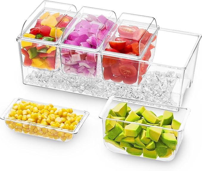 Lifewit Ice Chilled Condiment Caddy with 5x 20oz(2.5 cup) Containers, 15.3" Condiment Server with Separate Lids, Serving Tray Platter with Removable Dishes for Bar, Fruit, Salad, Taco, Party Garnish 4 Container