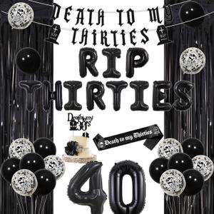 Funmemoir Death to My 30s Birthday Decorations - Banner, Sash, Rip to My 30s Cake Topper, Foil Fringe, Rip Thirties Foil Balloons, Gothic Funeral for My Youth 40th Birthday Decorations for Women