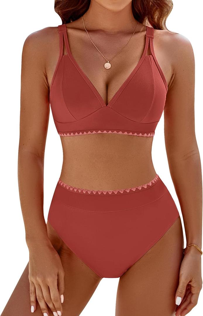 BMJL Women's Bikini Sets V Neck High Waisted Swimsuits Shell Stitched Cheeky Two Piece Bathing Suit (Medium)