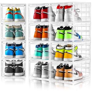 Amllas 10 Pack Clear Shoe Boxes Stackable,Shoe Storage Boxes for Closet,Sturdy Shoe Box Storage Containers with Clear Door,Sneaker Storage,Easy to Assemble,Fit up to US Size 12(13.8”x 9.84”x 7.1”)