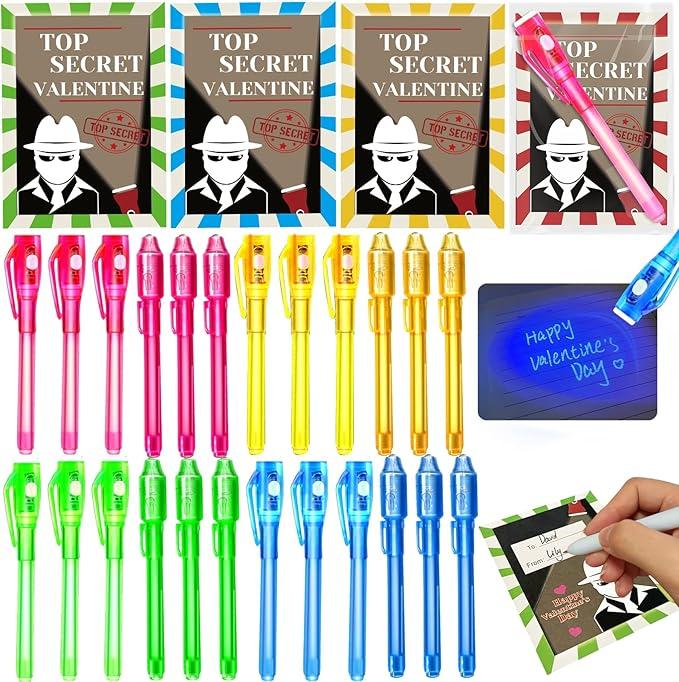 24 Pack Valentines Day Gifts for Kids Classroom LED Invisible Ink Pen with Valentines Cards for Kids School, Spy Pen Magic Gifts Valentines for Class Exchange Cards Prizes Party Favors for Boys Girls, Pack Of 2