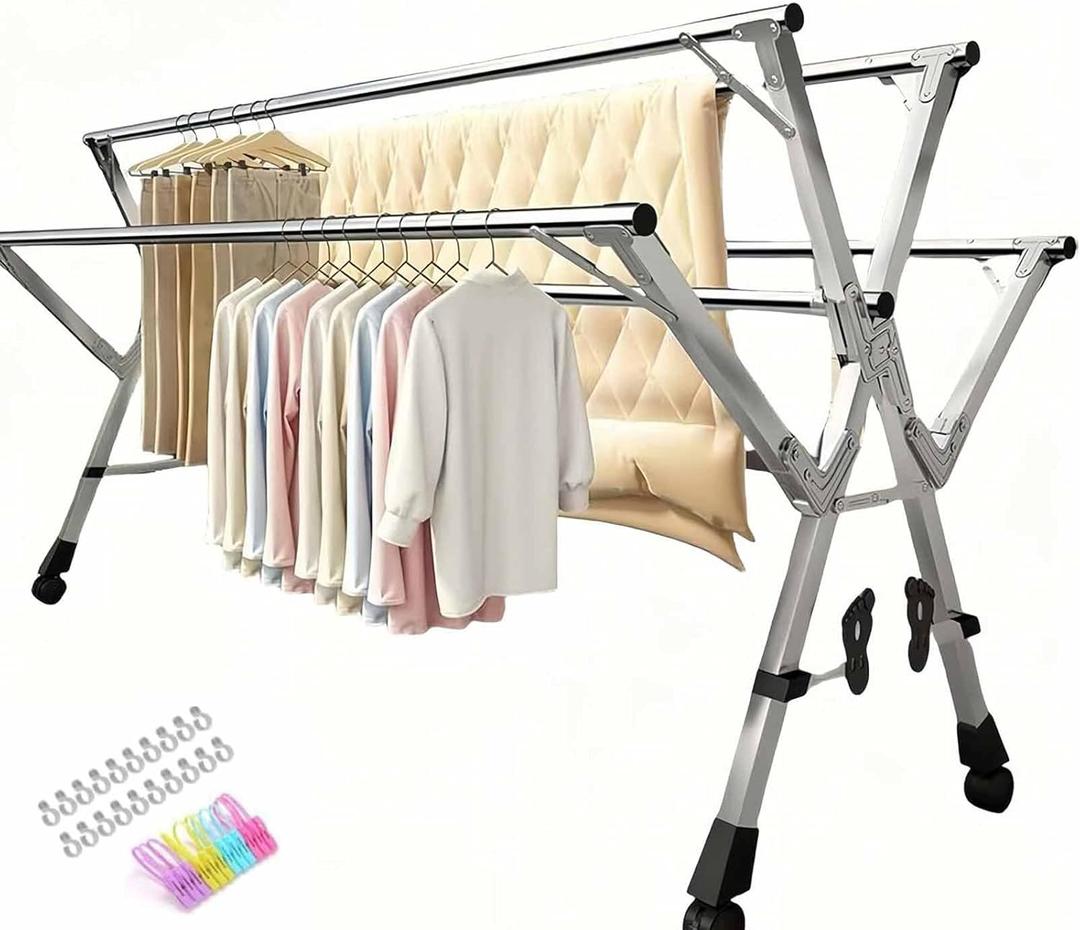 GRPDMDM 5Poles Clothes Drying Rack, Stainless Steel Laundry Rack with Wheels, Blanket Rack Clothesline, Extendable, with Windproof Hooks, for Indoor Outdoor
